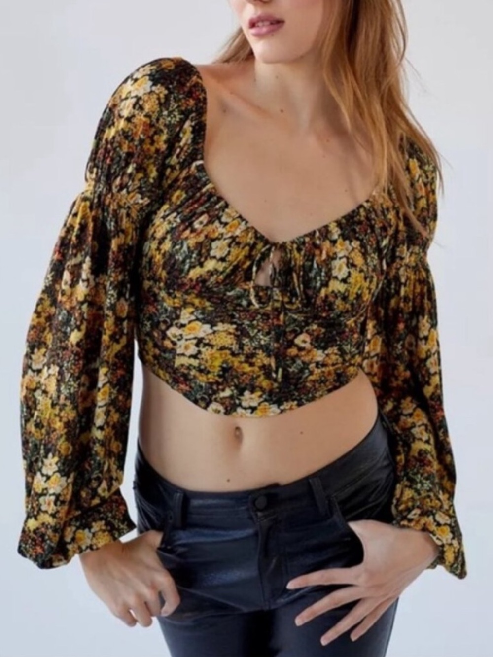 Urban Outfitters | Elowen Blouse Black Motif Floral Large Cropped Fall Autumn